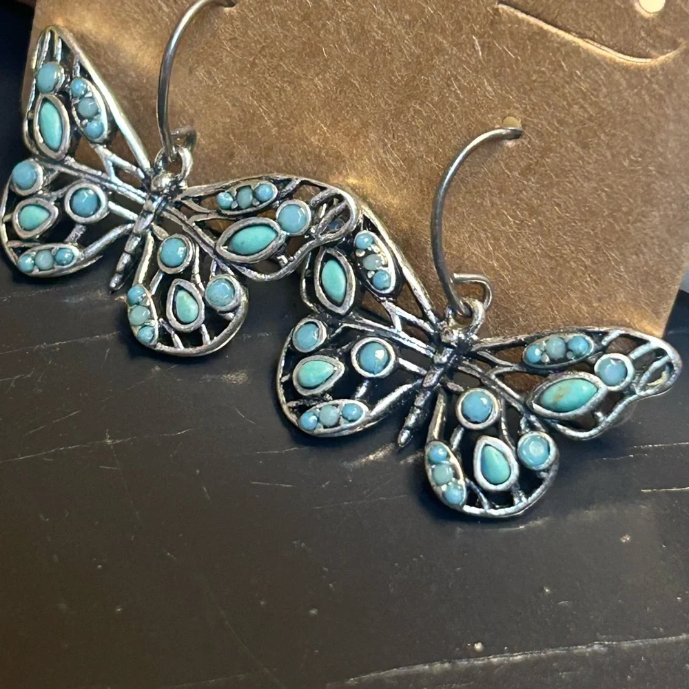 Fossil Vintage Silver and Turquoise Butterfly Necklace and Earring Set